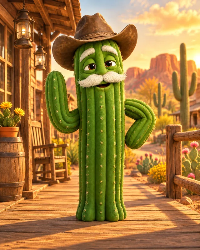 Grandpa, a tall saguaro cactus in a cowboy hat with a white mustache, on his porch