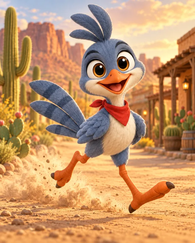 Kit, a blue roadrunner in a red bandana, kicking up dust as he runs