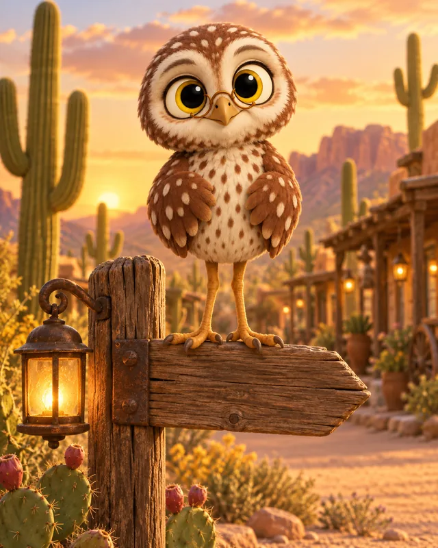 Pico, a speckled brown owl with round glasses, perched on a signpost at sunset
