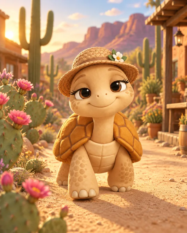 Tula, a desert tortoise in a straw hat with a daisy, strolling past blooming cacti